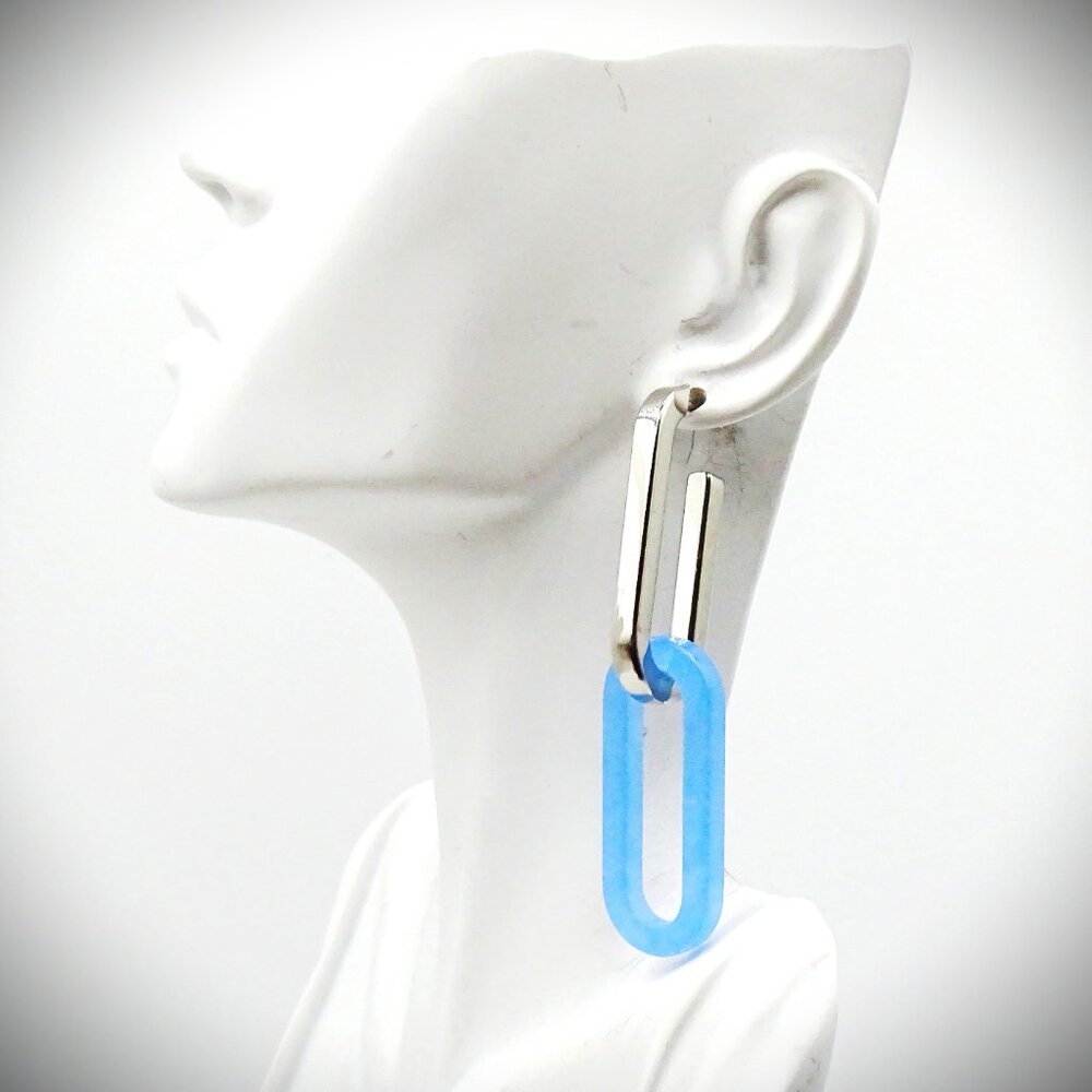 BURBERRY Two-in-One Rhodium Plated Blue Resin Convertible Dangle Earrings - Picture 7 of 12